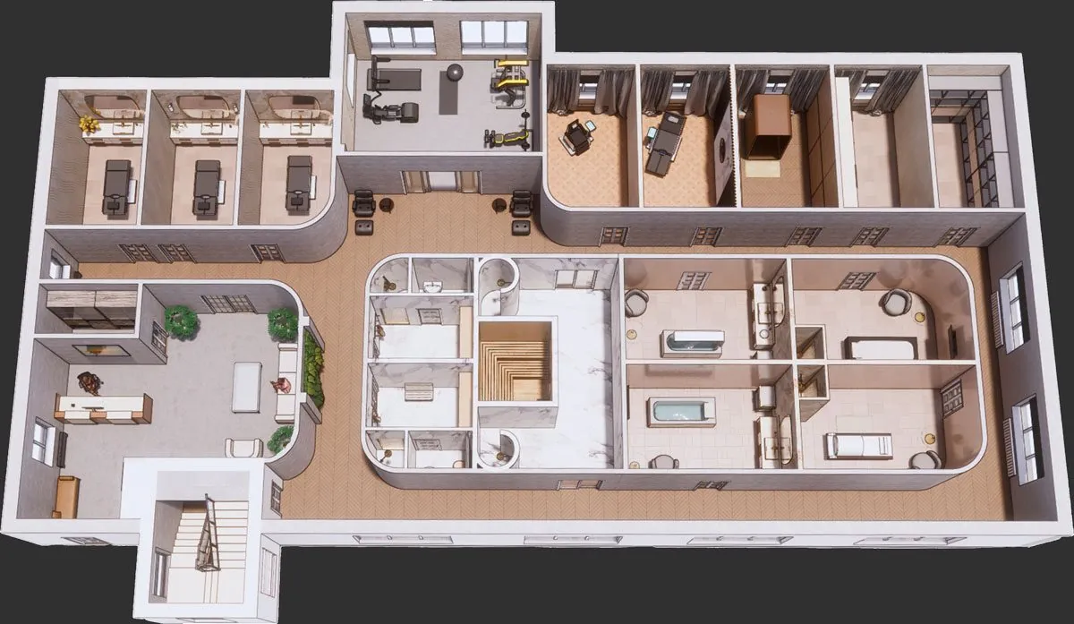 3D plan of a spa and wellness zone