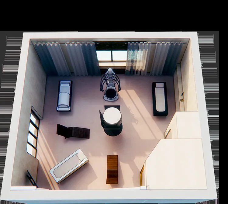 3D plan of a treatment room with equipment placement