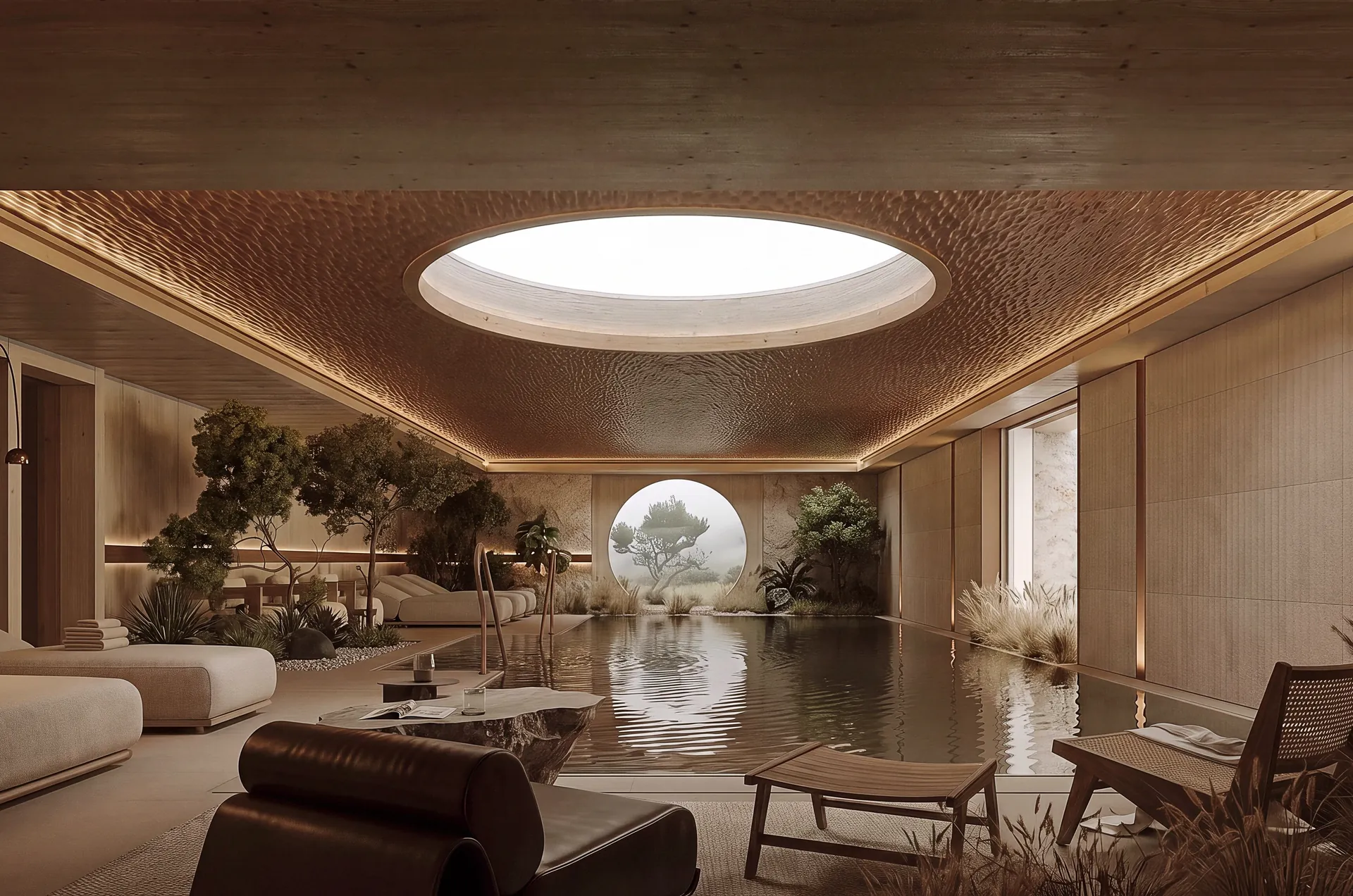 Villa living room opening into a private spa with a sauna and a stone bath
