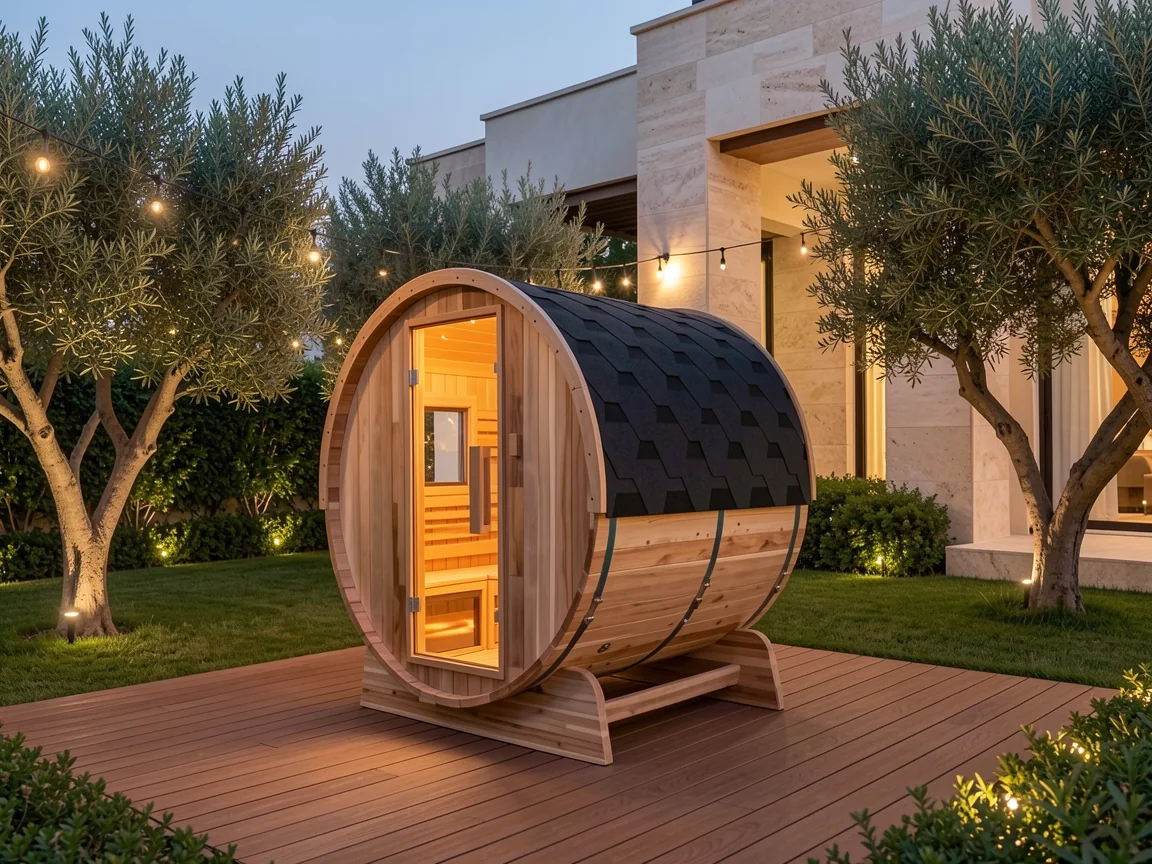 Barrel sauna for four, red cedar
