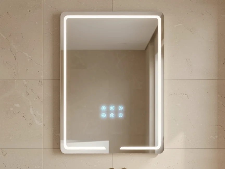 Smart bathroom mirror with touchscreen and frame light