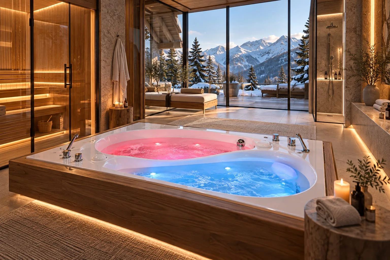 Yin-yang hydromassage bath for two